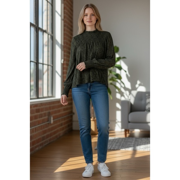 Deletta ANTHROPOLOGIE Olive Green Lace Long Sleeve Mock Neck Top - Picture 13 of 13